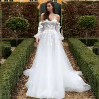 New White Ivory Wedding Dress 3D Floral Lace Boho Puff Long Sleeves Bridal Gowns Princess A Line Country Outdoor Marriage Outfits 2022