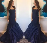 2021 Navy Blue Prom Dresses trägerlos Meerjungfrau Rüschen Spitze Applique Satin Custom Made Sweep Zug formale Abend Party Kleider Vestidos