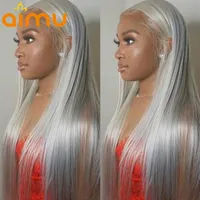 Brasilianska 13x6 spetsfront mänskligt hår peruker Straight Grey Lace Front Wig HD Pre Plucked Silver Grå Lång Remy Hair Wigs 150%