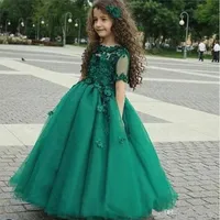 Księżniczka Dziewczyny Korant Suknie Zielona Suknia Balowa 3D Kwiaty Urodziny Komunia Święta Suknie Plus Rozmiar Krótkie Rękawy Kwiat Dziewczyny Sukienki P106