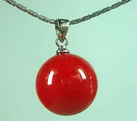 2pcs 14mm Red Coral Color Shell Pearl Round Bead Pendant + Free Chain Necklace