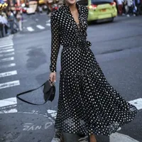 Boheemse stijl dames sexy vintage maxi polka dot v-neck wrap jurk elegant avondfeest hoge taille jurken y200326