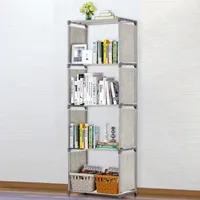 5-plank boekenkast Grijs boek planken ijzeren tubes niet-geweven stoffen boekenplank opslag bak boeken Display rekken Unit Organizer Rack1