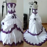 Vintage White And Purple Ball Gown Wedding Dresses Strapless Back Corset Ruched Gothic Bridal Gowns With Handmade Flowers Beaded Wedding Dress Plus Size Robes