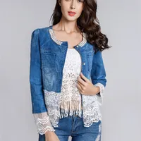 2019 New Jeans Jacket Women Casacos Feminino Slim Lace Patchwork Beading Denim Lady Elegant Vintage Jackets Coat Dropship WWJ084 Y200101