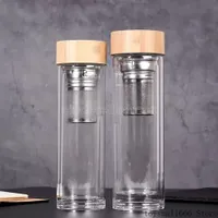 450ml Bambusdeckel Wasser Tassen doppelt ummauerte Glas Tee Tumbler mit Sieb und Infuser Korb Glas Wasserflaschen SXM6