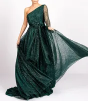 A-Line Glittering Sparkle Sequin Prom Evening Dress One Shoulder Backless Långärmad Formell Party Gown Green Robes de Soirée Vestidos Longo 2022