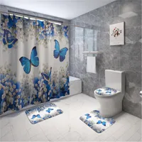 Bathroom Mat Set Nonslip Digita Print Butterfly Bath Mat Coral Fleece Shower Curtain Floor Mat Washable Toilet Rug 2011166866635
