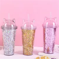Juice Wine Glass Cat Ear Flashing Double Layer Cup Kids Baby Cartoon Cute Creative Sequins Plastic Tumbler with Straws free shipping 228 G2