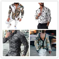 Fashion-2021 Весна Цифровая Напечатанная Рубашка Мужская Мода Богемные Рубашки Homme Дизайнер V Шеи Топы Повседневная Мужская Отворотая Рубашка