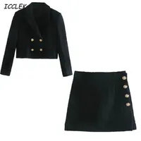 Icclek Womem&#039;s Blazers Office Suits Jackets Cropped Coats Femme Two Pieces Elegant Long Sleeves Crop Tops Black Mujer Sets Chic 220307