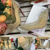 2021 패션 여성 신발 들러리 신발 투명 메쉬 여성 하이힐 다이아몬드 스탠드 스티커 붉은 바닥 섹시한 파티 웨딩 신발