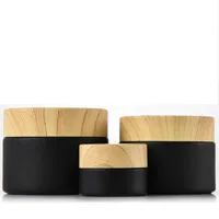 Black frosted glass jars cosmetic jars with woodgrain plastic lids PP liner 5g 10g 15g 20g 30 50g lip balm cream