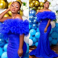 Africano Aso Ebi Royal Blue Sereia vestidos de baile com pérolas fora do ombro Ruffle Tulle Vestidos de longa noite Abendkleider Celebrity