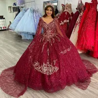Luxury Dark Red Lace Quinceanera Dresses V Neck with Cape Robe Gold Embroidery Glitter Sweet 16 Gowns Mexican Vestidos De 15 Años
