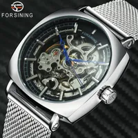 Forsining Business Watch Men Top Automatic Mechanical Relógios Aço Inoxidável Malha de Malha Esqueleto Esculpido Pull WristWatch1