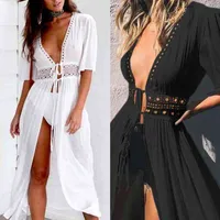 Women Solid Color Hollow Smock Long Bikini Cover Up Lacing Cardigan Beachwear For Beach Summer Female Sexy Cover Up Black