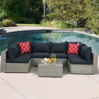 US Stock HiFine-Outdoor Garden Uteplats Möbel Satser 7-Piece Pe Rattan Wicker Sectional Cudded Sofa Sets med 2 kuddar och Coff465N