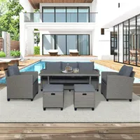 6-Piece Outdoor Rattan Wicker Set Patio Garden Backyard Sofa Chair Stools and Table US stock a08 a04