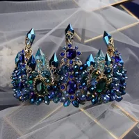 Bavoen Brides Oversize Blue Baroco Crown Royal Cabeza de Rhinestone Retro Rhinestone Tiara Hairbands Cabello de Boda Joyería T200522