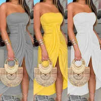 Womens Dress Summer Simple Solid Color Tube Top Strapless Long Section Discreetly Split Nightclub Sexy 50
