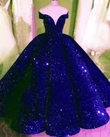 Royal Blue Sequined Ball Gown Cawn Quinceanera Abiti Sexy scollo a V Glitter Paillettes Prom Dress Pur Puffy Tulle Party Vestidos de Quinceañera