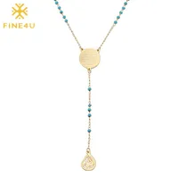 Fine4u n314 Edelstahl Muslimische arabische gedruckte Anhänger Halskette Blaue Farbe Perlen Rosenkranz Halskette Langkette Schmuck