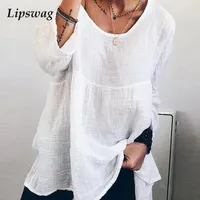 Women's Blouses & Shirts Solid Loose Cotton Linen Blouse Shirt Spring Fashion O Neck Casual Tops Pullover Women Autumn Long Sleeve Female Bl