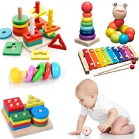الأطفال Montessori Wooden Toys Rainbow Blocks Kid Learning Music Rattles Graphic Colorful Edual