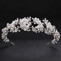 Tuanming Crystal Pearl Flower Dadandas para la cabeza de las mujeres Silver Princesa Bodería Joyería Tiara Accesorios para el cabello Crown Y200409