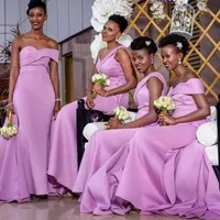 2022 Sexy African Pink Long Bridesmaid Dresses Off Shoulder Overskirts Satin Mermaid Wedding Guest Wear Party Dress Plus Size Maid of Honor Gowns