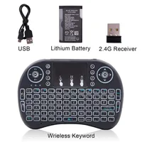 ABD Stok Mini I8 2.4 GHz 3-Renkli Arka Işık Kablosuz Klavye Touchpad Siyah A09202Q ile