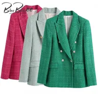 BlingBlingee Za Autumn Winter Women Traf Coats Double Breasted Tweed Woolen Jackets Female Casual Thick Green Blazers 220104
