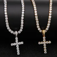 Iced Out Zircon Cross Pendant With 4mm Tennis Chain Necklace Men Women Hip hop Jewelry Gold Silver CZ Set