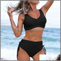 Womens Swimwear Clothing Apparel Women High Waist Bikini Set Ruched Dstring For Solid Purple Black Green Swimsuits With Chest Pad Drop Deliv