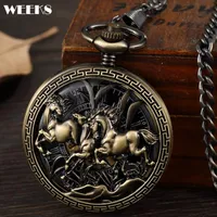 Pocket Watches Roman Numeral Mechanical Watch Antique Vintage Steampunk Skeleton Bronze Horse Engraved Fob Chain Clock For Men Women