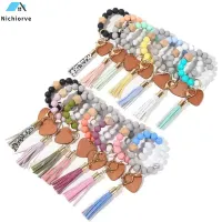 14 Colors Valentines day love wood chip silicone bead bracelet keychain Party Favor Wristlet key chain Tassels handchain keys ring SXDC29