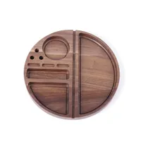 OLDFOX Round Minimalist Tobacco Rolling Trays Smoking Cone Ginder hole Natural Black Walnut Wood 8.58x0.79inch ch0014
