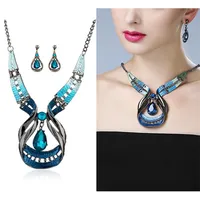 Blå smycken uppsättningar lila emalj smycken uttalande halsband och vattendropp örhängen uppsättning kristall smycken set mode ling