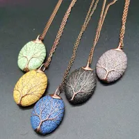 Retro Rose Gold Color Wire Wrap Natural Lava Stone Necklaces&Pendants Volcanic Rock Oval Tree of Life Charm Jewelry
