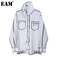 [EAM] Kadınlar Beyaz Desen Baskılı Büyük Boy Bluz Yeni Yaka Uzun Kollu Gevşek Fit Gömlek Moda Gelgit İlkbahar Sonbahar 1dD0074 201201