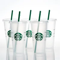 Starbucks 24oz / 710ml Plastic Mokken Tumbler Zeemeermin Godin Herbruikbare Duidelijke Drinkende Vlakke Bodem Pijler Vorm Deksel Stro Cups Mok 0228