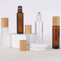 5 ml 10 ml 15 ml 0.5oz Bruin Transparant Frosted Bamboo Cover Roll-on Bottle Wood Grain Cover voor essentiële oliën