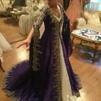 2021 Arabiska spetsar långärmad prom klänningar med broderi muslim dubai party klänningar glamorösa lila turkiska kvällsklänningar formella
