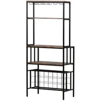 TOPMAX Updated Industrial Modern 5-Tier Baker Rack, Freestanding Bar Wine Rack Table with Glass&Cup Holders&Hooks, Metal Book Shelf and Office Rack