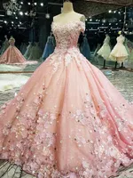 Rosa Quinceanera Kleider 2022 Neueste 3D Floral Applique Handgemachte Blumen Perlen von der Schulter Kurzarms Prom Formale Abend Ballkleid