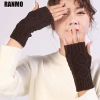 Five Fingers Gloves RANMO Length 20CM Fashion Women Winter Knitted Fingerless Autumn Plaid Half Finger Warm Wool Girls Wrist Protector