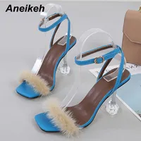 Aneikeh женская обувь мода элегантный шип каблуки стая сандалии женщин открыть вечеринку перо лодыжки ремешка пряжка сладостное твердое вещество 210626