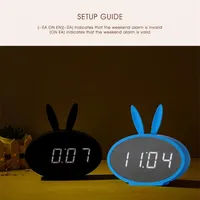 US Stock Cartoon Bunny Ears LED Drewniany Digital Budzik Clock Termometr Display Blue A19