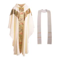 Rahip Kostümleri Kutsal Kilise Kilahları Dinlerce Chasuble Katolik Giyim Robe Set Çapraz İşlemeli Çalışma Çalışma Giyim Beyaz / Mor / Kırmızı / Yeşil